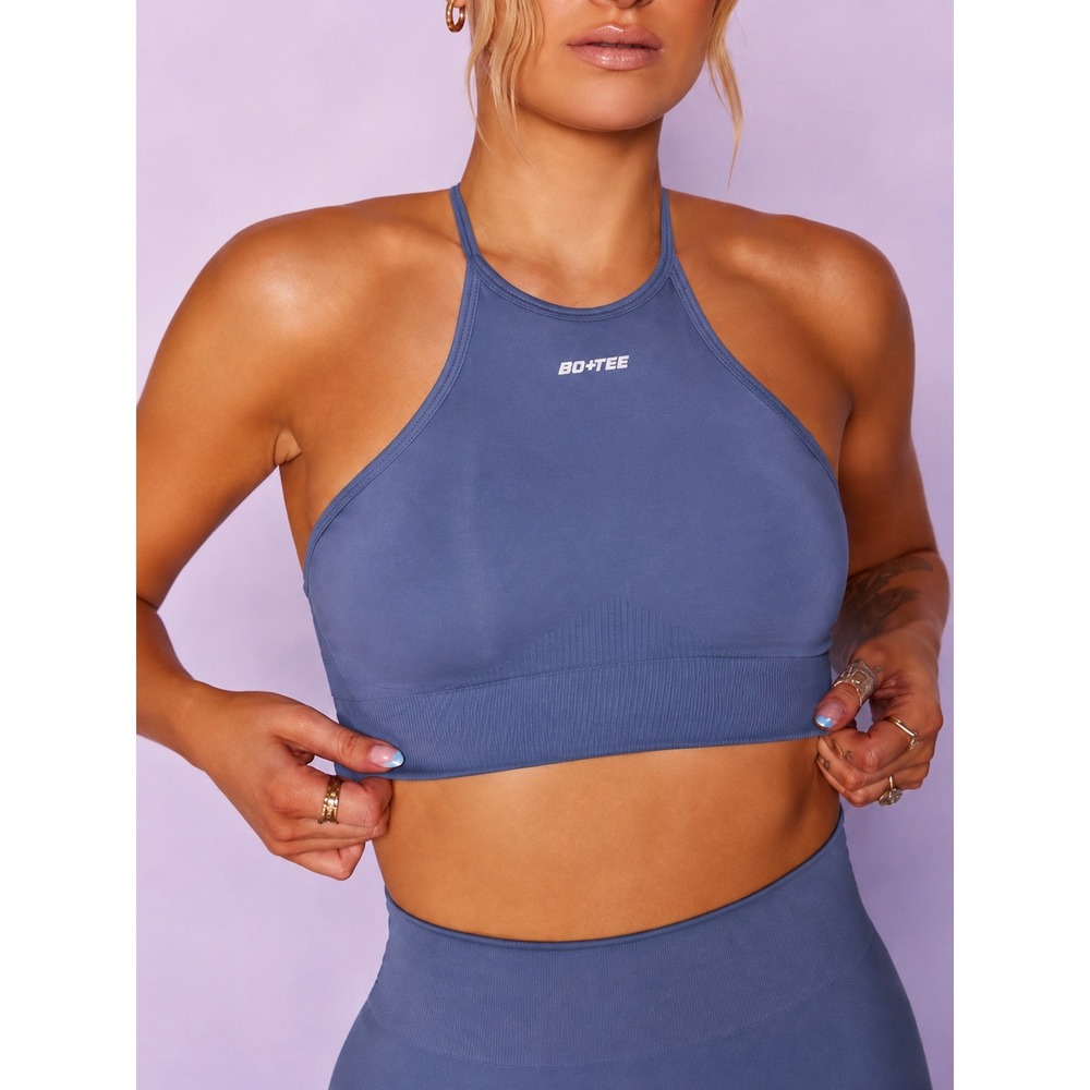 Bo+Tee Blue Seamless Halter Neck Sports Bra Ribbed Underband Small